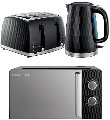 Russell Hobbs Honeycomb Black Kitchen Set, 1.7L 2400W Kettle, 4 Slice Toaster with Dual Browning Levels & 17L 700W Microwave with 5 Power Levels, Defrost & Reheat Functions HCBNDL4B