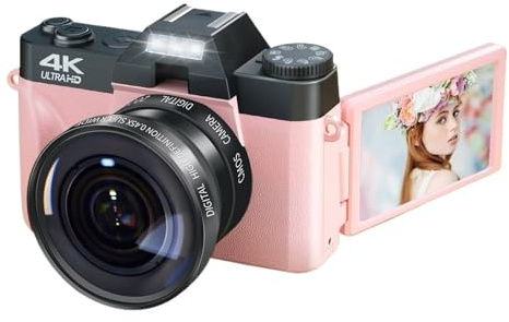 SXYGYWA Cámara Digital HD De 56MP, Videocámara Web 4K con WiFi, Grabadora Vídeo Vlog Vintage, Zoom 16X, Pantalla Abatible 3 Pulgadas Y 180 ° Gran Angular Imágenes Nítidas Detalladas(Pink)