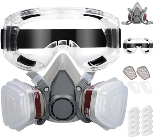 Fuutuu Half Face Respirator Mask Cover, Reusable Paint Dust Mask with 20 Replaceable Filters and Anti-Fog Goggle, Safety Organic Vapor Cover for Spray Painting, Sanding, Epoxy Resin, Formaldehyde
