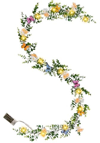 Frühlingsdeko Girlande Frühling Beleuchtet, 1,8M Blumengirlande Künstlich, Frühlingsgirlande mit LED Lichterkette, Kunstblumen Girlande mit Schmetterling Blätter Blumen Deko Frühling Innen Außen (A)
