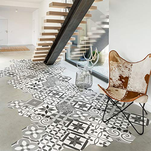 Sticker Sol Carreaux de Ciment pour Sol - Azulejos avec laminat Protection en Plastique Anti-dérapant| Stickers Adhésifs Carrelages Hexagones Micalina résistant à l'eau -40x90cm - 10 hexagones 20x18cm