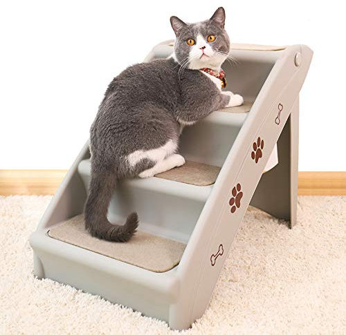 PJDDP Hundetreppe 4 Stufen Mit Teppichboden,Katzentreppe Faltbar, Hunderampe Tragbar Tiertreppe Für Hunde Und Katzen, Hunderampe Tiertreppe,Bett & Couch, Auto, Tiertreppe Bis 50 Kg,Grau