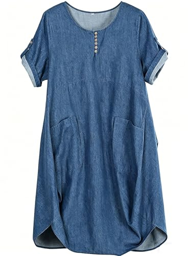 FTCayanz Vestito Donna Manica Corta Abito Tunica Midi Taglie Forti Abiti Lino Camicetta Jean Blu XXL