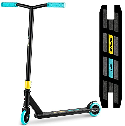 SOKE Stunt Scooter Erwachsene Jugendliche - Freestyle Roller ABEC-9 Kugellager - 100 mm Räder - 48,5 cm Y-Lenker 360° - Aluminium-Deck 2,9 kg - Skatepark Tricks - Schwarz