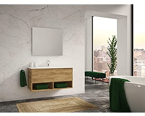 ATRIOS Conjunto Mueble de Baño Estilo Madera, Modelo Bastet con 1 Cajón, 2 Huecos y Lavabo Porcelánico, Suspendido en Pared, Acabado Laminado Roble, 120 x 50 x 45 cm. Mueble MONTADO