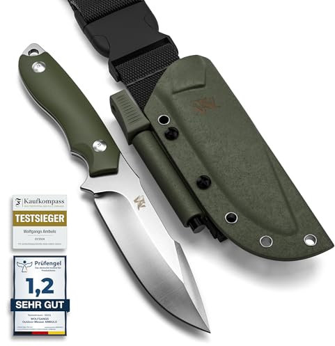 ODENWOLF Outdoor-Messer AMBULO mit Kydex Holster - Edles Jagdmesser aus einem Stück D2 Stahl gefertigt - DAS Bushcraft Messer - Perfektes Survival Messer (Grün - Silber)