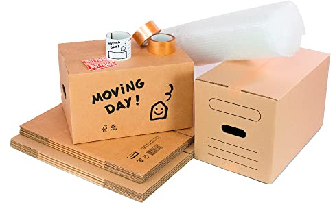 Umzug Easy mit 5 Kartons mit Griffen 50 x 30 x 30 cm, 5 Kartons mit Griffen 43 x 30 x 25 cm, 1 Rolle Kunststoff Luftpolster, 1 Klebeband zum Verpacken, 2 zerbrechliche Etiketten und 10 Kennzeichen
