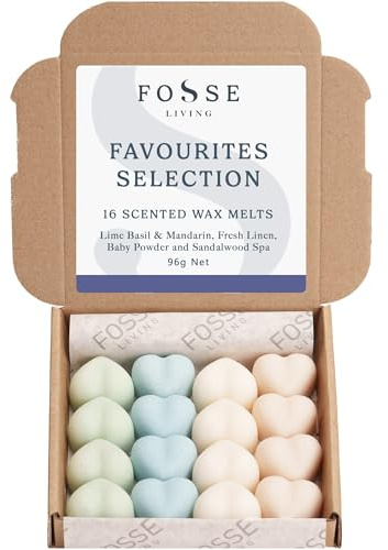 Favourites Selection Soy Wax Melts 16 Pack | Fresh Linen, Baby Powder, Lime Basil & Mandarin, Sandalwood Spa | Natural, Vegan & Plastic Free | 96 Hours Scent | Handmade in the UK – Fosse Living