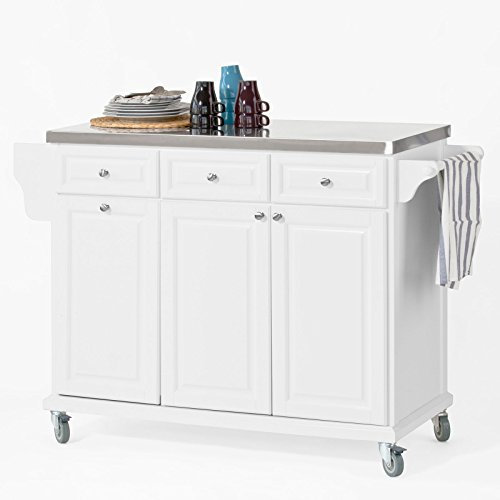SoBuy Kücheninsel auf Rollen Servierwagen mit Rollen Küchenwagen mit Edelstahl-Arbeitsplatte Rollwagen mit Schubladen Barwagen für Küche, Esszimmer, Frühstücksbar Weiß 133 x 95 x 48,5 cm FKW33-W
