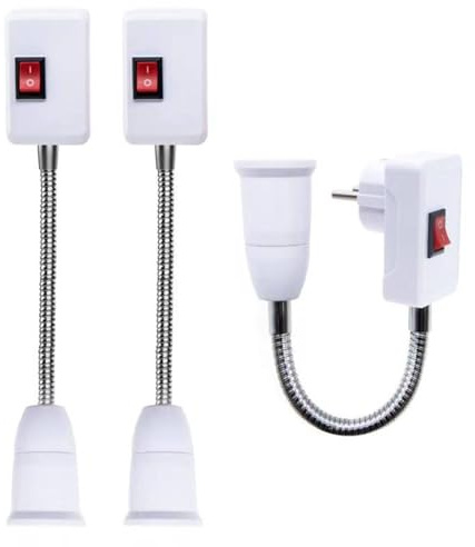 3 Piezas Portalámparas E27 Adaptador con Interruptor, Lampara Enchufe Rotación de 360° Lámpara de Pared con Brazo Flexible Casquillo E27/E26 para Iluminación Interior (Sin Bombillas)