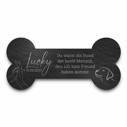 CHRISCK design Schieferknochen mit personalisierter Gravur und schönen Motiven - Gedenktafel für Hunde oder Katzen | Größe ca. 23x10,5