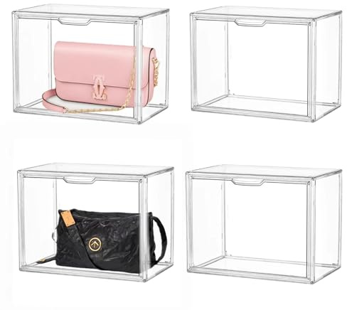 Clear Stackable Plastic Storage Bins with Magnetic Attraction Lid, Acrylic Box Display Case Showcase for Cosmetic, Large Figures Collectibles (4 Pack, X-Large)
