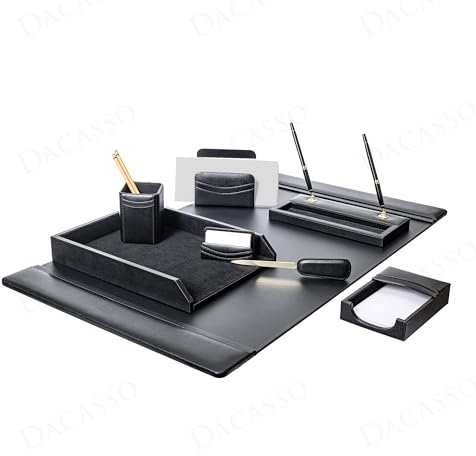 Dacasso Klassisches schwarzes Leder-Schreibtischzubehör-Set – 8-teiliges Schreibtisch-Organisations-Essentials mit Schreibtischunterlage – luxuriöse Schreibtischdekoration und Büroorganisation