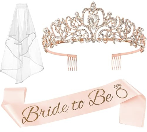 JETKONG 3 Pcs Bachelorette Party Decorations Bridal Shower Crown, Bride to Be Sash&Veil for Women Bachelorette Party Gifts, Bachelorette Party Supplies, Gifts, Favors (Rose Gold)