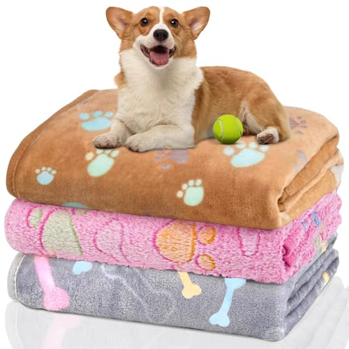 AKOFIC 3 Piezas Mantas para Perros y Gatos, Suave Mantas de Franela Vellón con Estampado de Patas, Lavables y Esponjosas Manta Mascotas para Perros y Gatos Pequeños Medianos Grandes (M 52x76cm)