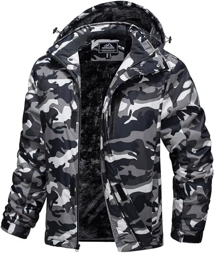 MAGCOMSEN Herren Wame Winterjacke Winddicht Fleece Softshelljacke Atmungsaktiv Wasserdicht Skijacke Snowboardjacke Multi Taschen Arbeitsjacke Schwarz Camo 3XL
