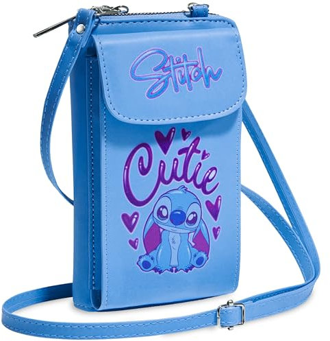 Disney Stitch Umhängetasche Mädchen, Handytasche zum Umhängen mit Kartenfächern & Schultergurt (Blau)