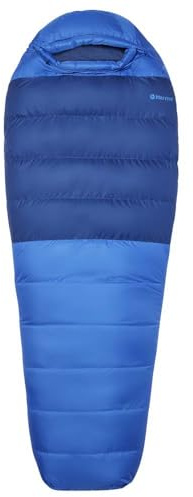 Marmot Lost Coast 15 Short, Sacco a pelo a mummia per adulti, imbottitura in piuma d'oca 600+, leggero e caldo, impacchettabile, 168 cm, adatto fino a -31 °C, Trail Blue/Twilight, 168 cm