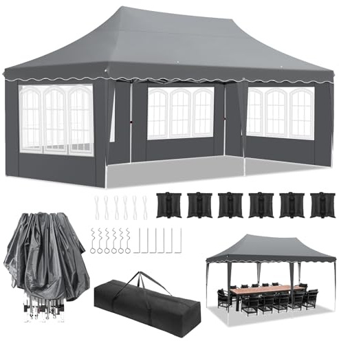 Paviljong 3 x 6 m, partytält vattentät, vikbar med 4 sidoväggar, UV-skydd, trädgårdspaviljong med 12 jordkrokar, 6 rep och 6 sandsäckar, camping, bröllop, marknad, grå