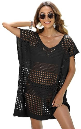 MIXIDON Strandkleid Damen Bikini Cover Up Stricken Sommer Hohl Strandponcho Kimono Weiter Ausschnitt Strand Überwurf Sexy Schwarz
