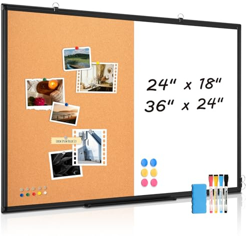 [24 x 18] WALGLASS Dry Erase and Bulletin Boards Combo, Magnetic White Board Cork Board for Wall, Whiteboard & Corkboard Combination with Aluminum Frame, for Home, Classroom, Office