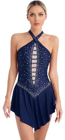 CHICTRY Damen Ballettkleid Tanzkleid Strass Glitzer Ballettanzug Mit Rock Neckholder Eiskunstlauf Kleid Ärmellos Body Tanztrikot Wettbewerb Performance Bekleidung B_Navy blau M