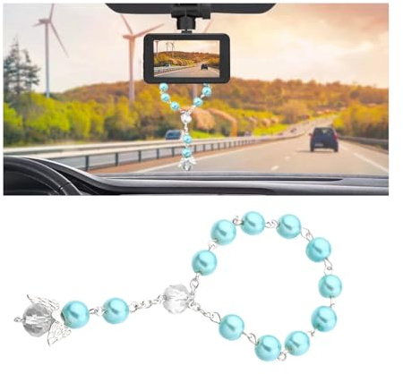 JNNJ Auto Rosenkranz Für Rückspiegel, Auto-Rosenkranz Für Den Rückspiegel Hängende Auto-Anhänger Für Den Rückspiegel, Perlen Rosenkranz Armband Auto Hängend Zubehör Innenraumdekoration(Blau+Silber)