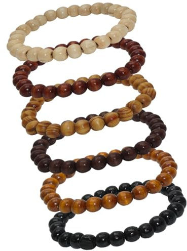 SoulCats Juego de 6 pulseras de perlas de madera con banda elástica, tamaño de las perlas aprox. 8 mm en los colores: natural, marrón claro, marrón, negro, marrón rojizo y crema