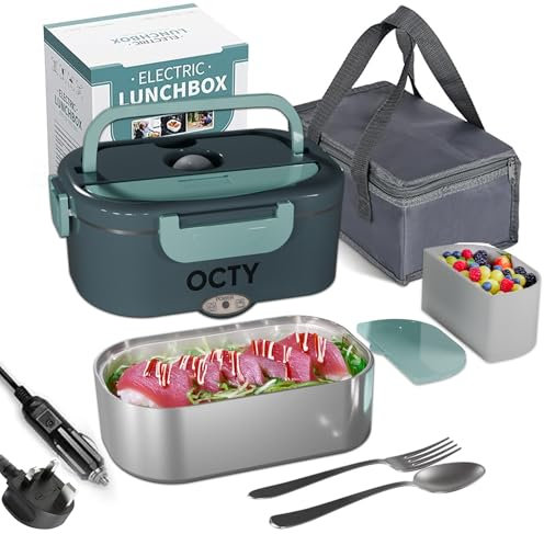 OCTY Electric Heated Lunch Box 1.5L Stainless Steel Food Warmer & Electric Lunchbox for Car (12V) Lorry (24V) & Home (230V) - Self Heating Hot Food Lunch Box for Work, Travel & Drivers Green