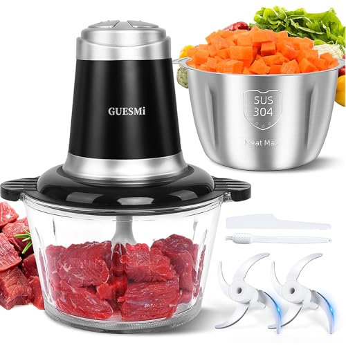 GUESMi Processeur alimentaire, hachoir électrique avec hachoir à viande et hachoir à légumes avec 2 bols (8 tasses+8 tasses) et 2 lames à deux niveaux avec puissant moteur en cuivre de
