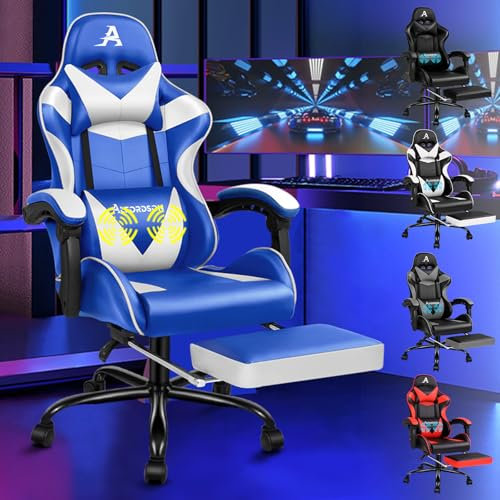 ALFORDSON Videospielstuhl, ergonomischer Bürostuhl, Massage-Rennstuhl, einziehbare Fußstütze, PU-Leder, höhenverstellbar und neigbar, 180 kg Tragkraft, Weiß & Blau