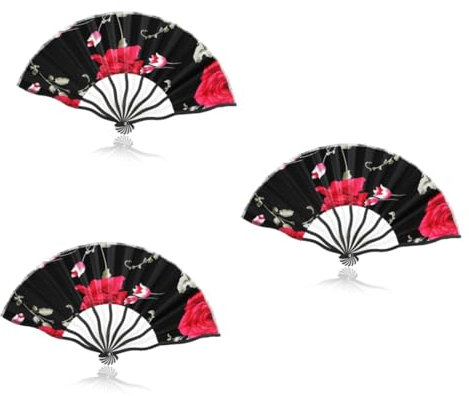 Garneck Fächer Handfächer Folding Fan 3st Floraler Handfächer Männer Seidenfächer Faltfächer Für Herren Faltbarer Seidenfächer Black
