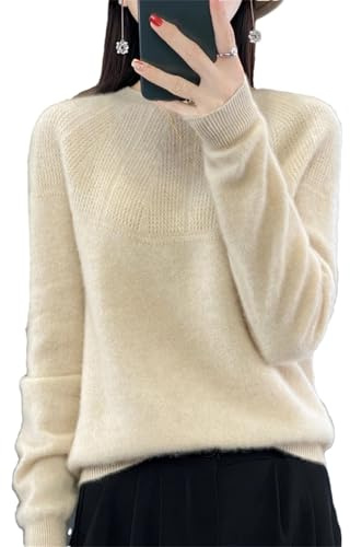 Maglione da donna girocollo tinta unita 100% lana merino traforato pullover maniche lunghe lavorato a maglia jumper top, Beige, L