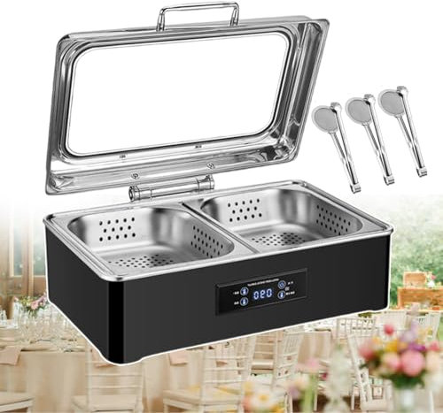 forplubossmmp Scaldavivande Elettrico per Buffet per Feste di Catering, Tavolo da Vapore per Alimenti da 500 W E Scaldavivande con Coperchio Trasparente E Pannello di Visualizzazione Digitale,2-Grid