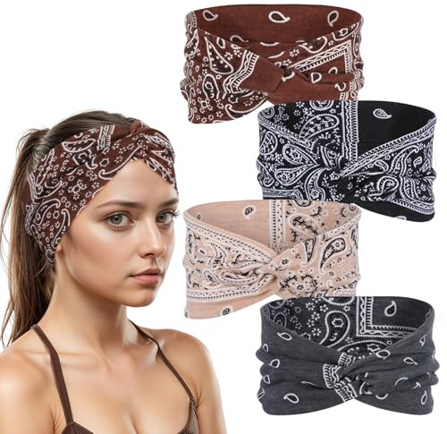 JIEYAO 4 stycken dampannband, elastiskt brett hårband cashew-blomma hårband mjukt pannband halkfritt pannband boho huvud linda hårsmycken för vardag yoga sport fitness