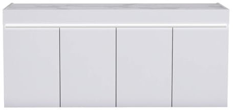 AltoBuy Chris White - Buffet 4 Portes Laqué Blanc Brillant Plateau Imitation Marbre avec LED