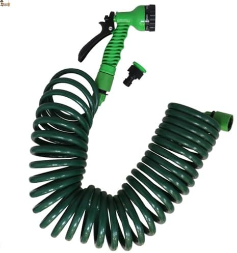 BricoLoco.com Manguera jardín 10 metros espiral extensible. Pistola riego multifunción 7 chorros. Adaptador conector grifo de 1/2” y 3/4”. Auto enrollable. Conexión rápida (Espiral 10 mts., 1)