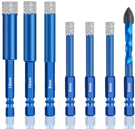 Set di 7 punte per piastrelle, punte diamantate, per vetro, 6, 8, 10, 12 mm, con 6 mm, per piastrelle, in metallo, per ceramica, piastrelle, vetro, porcellana, piastrelle dure, muratura