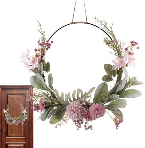 Künstliche Blumen,Türkranz Deko,Metallring Floral Türkranz Wandkranz Girlande Osterkranz Frühlingskranz Blumenkranz Osterdeko Frühlingsdeko für Ostern Haustür Deko-41cm