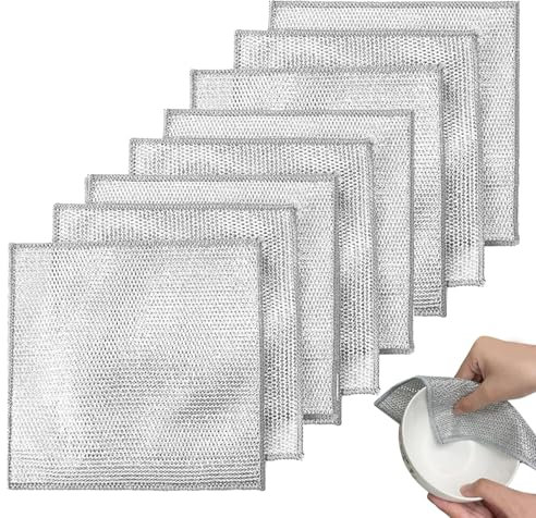 HELION 8 PCS Miracle Cleaning Cloth, Double Layer Wire Dishwashing Cloths Reusable Steel Wre Cleaning Cloths Non Scratch Wire Dish Cloth, Non Scratch Scourers for Cookware Sinks Dishes Stove Tops