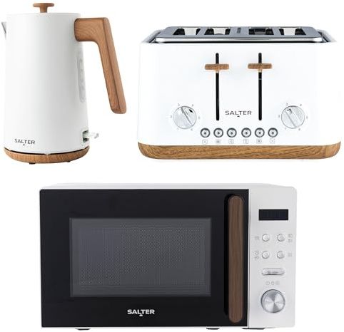 Salter COMBO-9196 Toronto Kettle, Toaster, Microwave Set – Kitchen Countertop Appliances, 1.7L Fast Boil Kettle, 4-Slice Wide Slot Toaster, 20 L Digital Microwave, 25.5cm Turntable, White