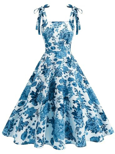 Odizli Women 1940s 1950s Vintage Elegant Summer Spaghetti Straps Floral Print Swing A Line Cocktail Dress