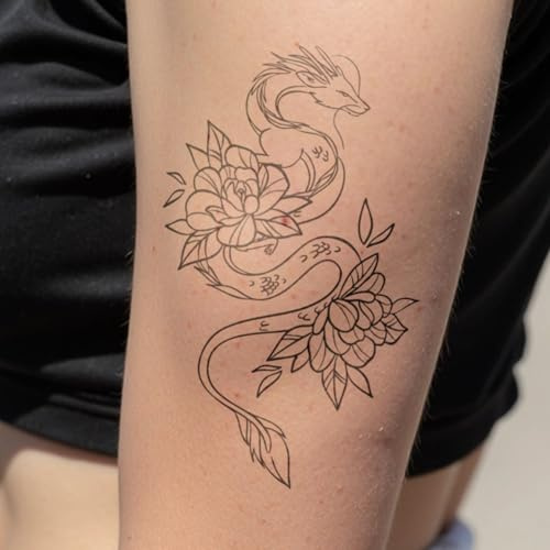 Inkster Tattoo - Drachen und Lotus - vegane & wasserfeste Temporäre Tattoos für Erwachsene - EU-Kosmetikzertifizierte Farbe - revolutionäres 2 Wochen Tattoo | Premium Klebetattoos