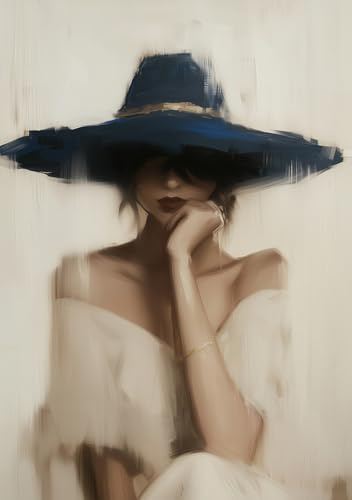 STYLER Leinwandbild Blue Hat 70 x 100 cm (AUFHÄNGFERTIG) I Elegantes Porträt I Frau mit blauem Hut und sinnlichen Lippen I Kunst Wandbild Wohnzimmer Schlafzimmer Flur Büro