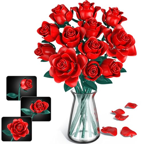 Flowers Bouquet Building Set, 634 PCS Adjustable Leaves & Petals, DIY Artificial Red Roses Block Kit for Kids Birthday Christmas, Adults Valentine’s Day, Her or Him