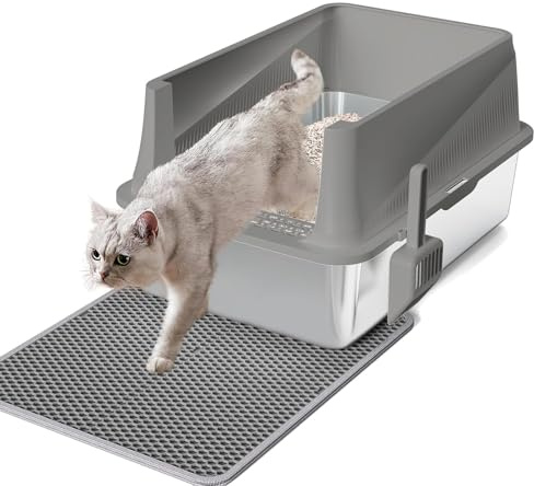 ERFEI Stainless Steel Cat Litter Box XL Enclosed Litter Tray with Lid for Big Cats, High Sided Anti-Leak Non-Stick Bottom, Easy Clean Covered Cat Toilet with Metal Scoop & Litter Mat, Pink White Grey
