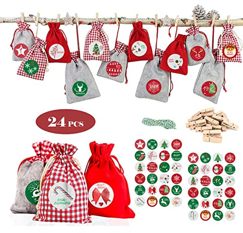 24 pezzi sacche da calendario dell'avvento, 24 giorni Calendario di Natale Calendario fai -da -te Accessori per feste di Natale Avventa Calendario set per decorazioni per feste di