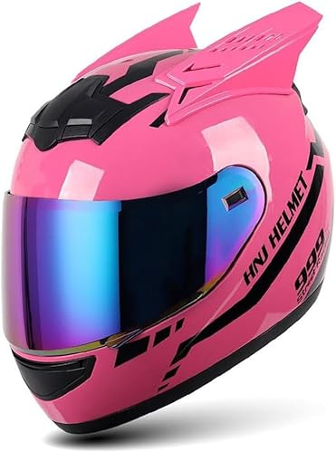 Kcolic Schwarz/Pinker Motorradhelm Mit Katzenohren Für Mädchen Und Frauen, DOT/ECE-Zugelassener Integralhelm Für Roller Und Atvs, Coole, Süße Motocross-Rennhelme, Cascos para Motos A,S(50-53 cm)