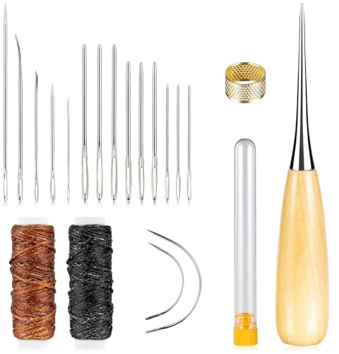 Teouuas 22 Pezzi Kit da Cucito in Pelle, Set Cucito con Aghi, Filo Cerato, Punteruolo e Ditale, Set di Attrezzi per Cucire Pelle, Ideale per DIY Artigianato e Riparazione di Borse, Scarpe
