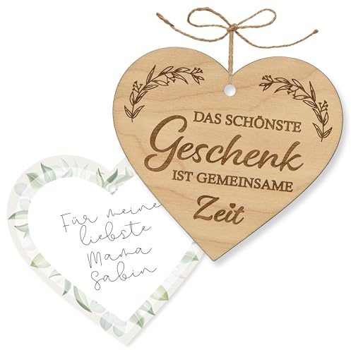 ZUKLA Holzkarte Herzform - 11 x 10 cm - Das schönste Geschenk ist gemeinsame Zeit – kleines Geschenk für Partner, Freunde, Eltern – Liebevolle Karte aus Holz - Hölzerne Geschenkanhänger